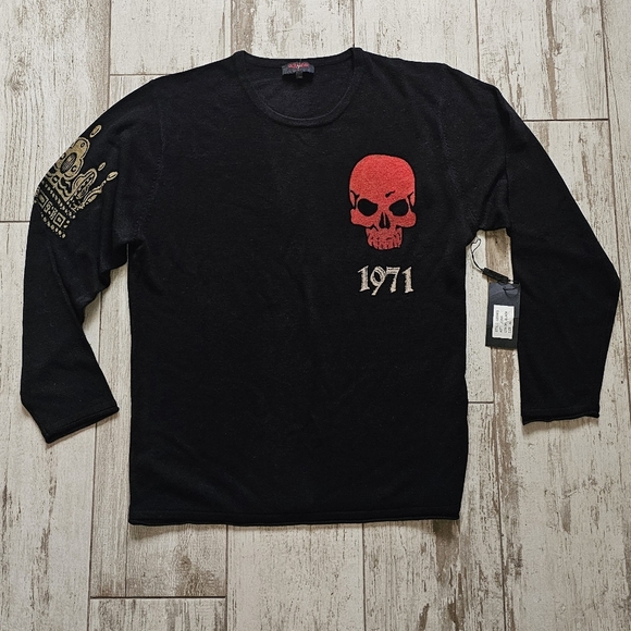 Raw 7 NEW WITH TAGS Black Skull Graphic Men's Cashmere Sweater XL